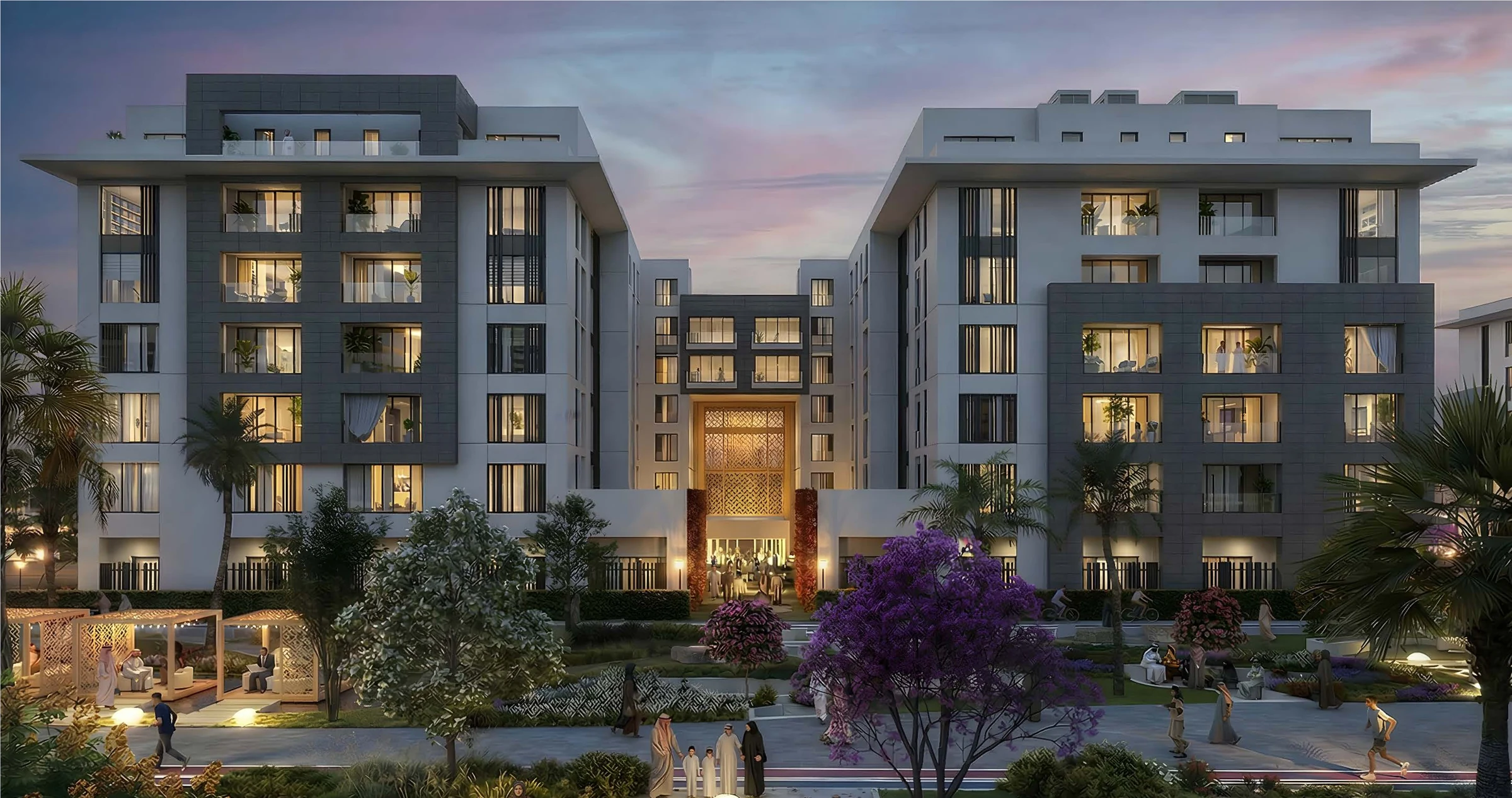 Al Alyaa residential building at dusk